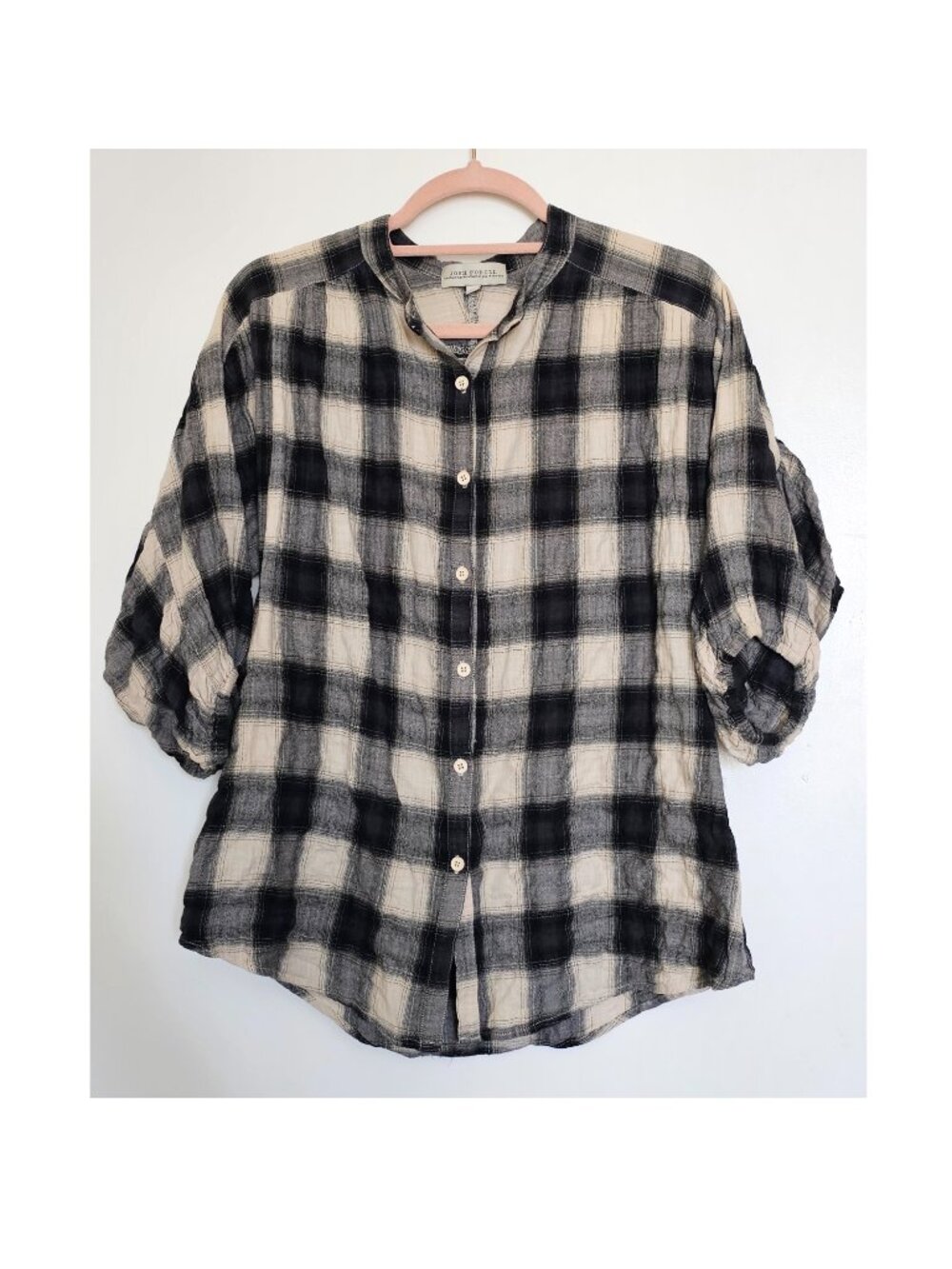Josh Podoll 3/4 Lantern Batwing Sleeve Plisse Plaid Button Up Shirt Blouse Top S
